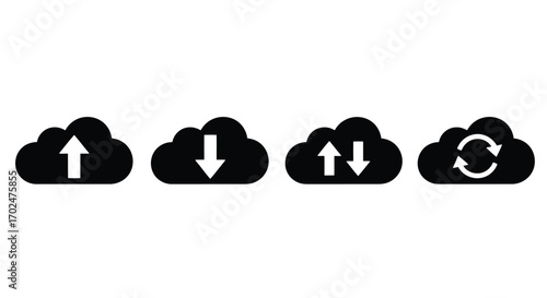 Vector illustration of set of four black cloud icons representing different data transfer operations upload, download, sync, and refresh, on a