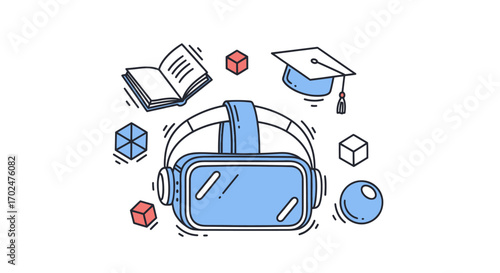 Virtual Reality Headset with Educational Icons and Geometric Shapes.