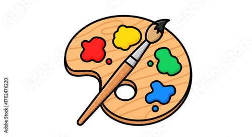 Colorful Wooden Artists Palette with Paint and Brush.