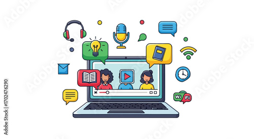 Diverse students engage in online learning via laptop with educational icons.