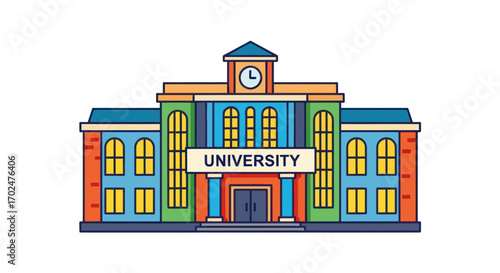 Colorful University Building Illustration with Clock Tower and UNIVERSITY Sign.
