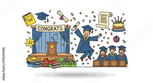 Graduation Celebration Illustration with Stage Graduates and Festive Elements.