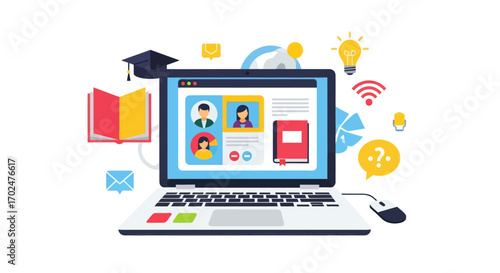 Laptop displaying online learning platform with educational icons.