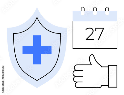 Shield with medical cross, calendar with date, and thumbs-up icon conveying health protection, reliability, and scheduling. Ideal for insurance, medical care, security, trust organization