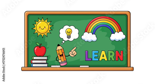 Cartoon Blackboard with Educational Symbols and the Word LEARN.
