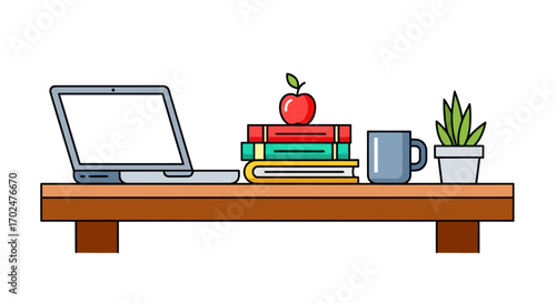 A wooden shelf displaying a laptop books an apple a mug and a potted plant.
