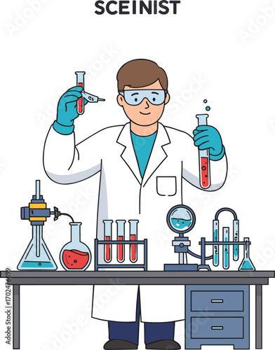 Cartoon scientist in laboratory with test tubes, microscope, burner, chemical glassware, safety gear, conducting experiment in science lab illustration
