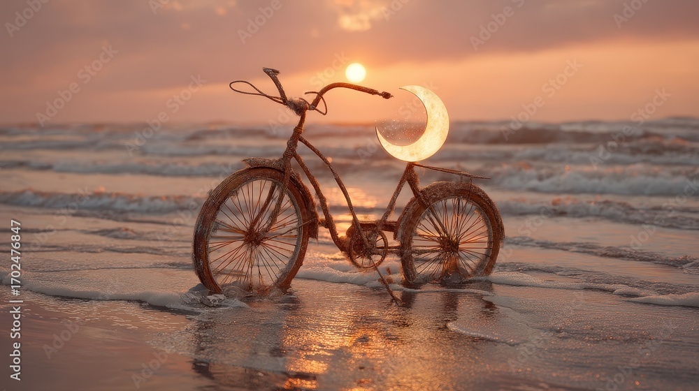Fototapeta premium Sunset at the beach with a bicycle and crescent moon in the background