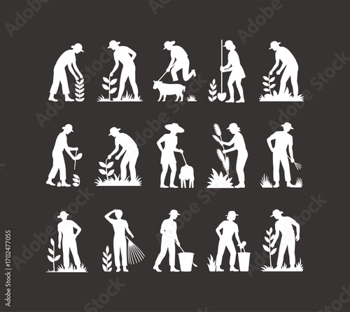 Farming worker silhouette vector set, agriculture clipart bundle, farmer tools and tractor SVG, rural lifestyle and harvest illustrations.