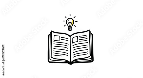 Simple black and white sketch of an open book with a bright idea lightbulb floating above.