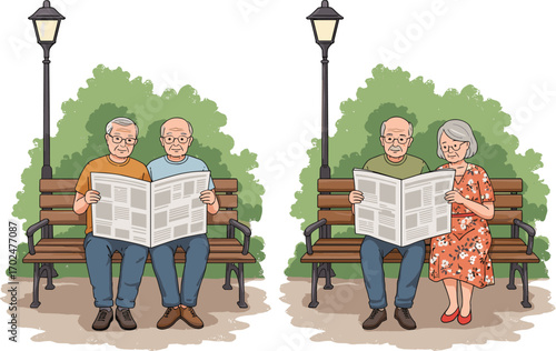 Elderly people reading newspapers on park benches under street lamps, peaceful outdoor scene with companionship, leisure, and retirement lifestyle illustration