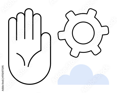 Open hand outline beside a gear and cloud evokes control, teamwork, and digital growth. Ideal for collaboration, technology, productivity, cloud computing, innovation, integration flat simple