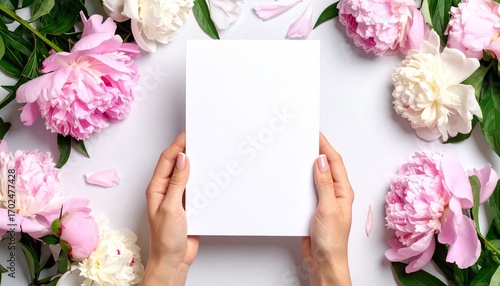 Two hands are holding a blank white sheet of paper, surrounded by pink and white peony flowers on a white surface