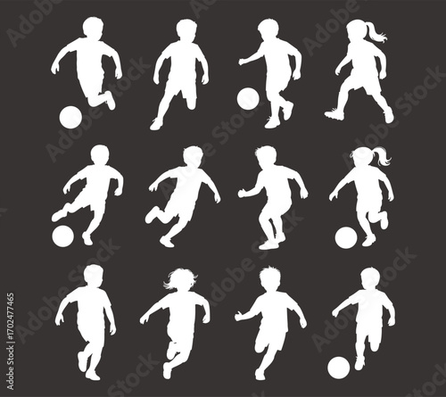 Kids soccer silhouettes SVG bundle, children playing football vector clipart set, sports activity illustrations for school, playground, and DIY crafts