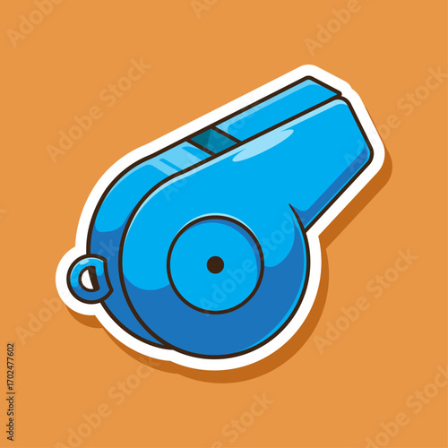 Flat cartoon sticker of blue sport whistle isolated on background with simple style design concept. Sport accessory. Sport element. referee tools and equipment