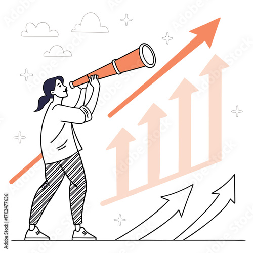 Businesswoman looking at graph through telescope, Business growth forecast with arrows and businesswoman looking through a spyglass