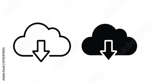 Vector illustration of outline and filled cloud download icons with downward arrow