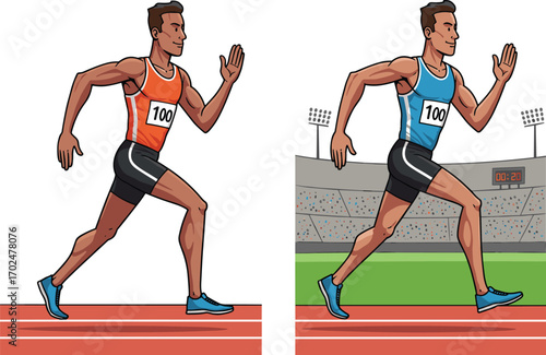 Male sprinter running on track in stadium and plain background, sports vector showing athletic motion, speed, race, and performance