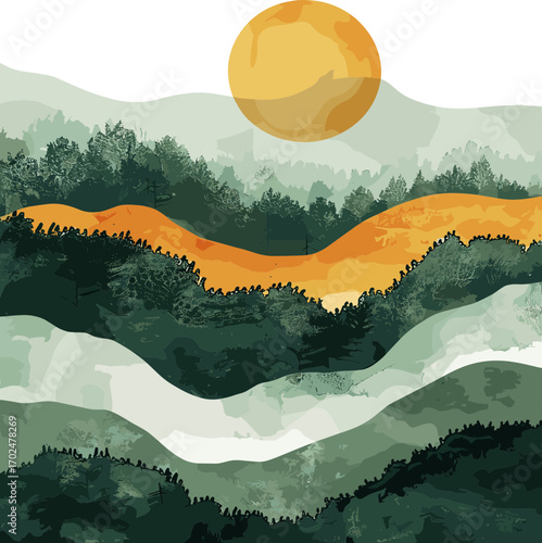 A stylized watercolor illustration depicts layered green mountains and forests under a golden sun.