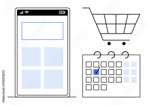 Smartphone interface, shopping cart, and calendar with marked day highlight online shopping, planning, and e-commerce. Ideal for digital sales, scheduling, reminders, organization retail time