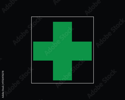 Green Cross Symbol on Black Background with White Border