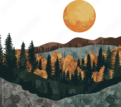 an autumn forest with golden-orange trees, dark evergreens, mountains, and a glowing full moon in the sky.