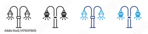 Double-headed street lamp icon set, lamppost with lights, vector illustration. 