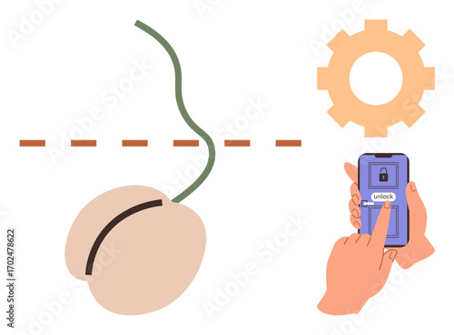 Cutting a wire with a smartphone control and gear symbol. Ideal for technology, smart devices, automation, cybersecurity, remote access, innovation, future. Simple flat metaphor