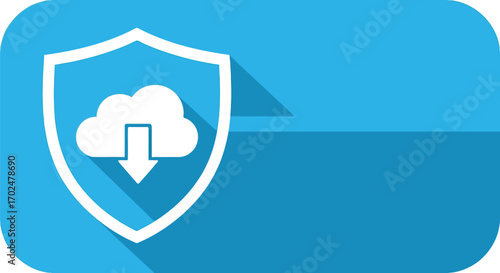 Vector illustration of white shield with cloud and download arrow inside on a blue background with shadow