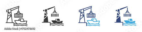 Port crane lifting a ship container icon set, ship crane loading icon sign vector illustration, 