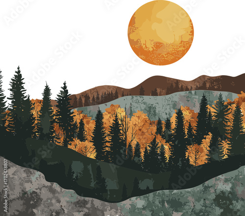 an autumn forest with golden-orange trees, dark evergreens, mountains, and a glowing full moon in the sky.