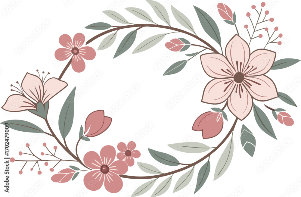 Obraz premium Vector art of floral wreath, featuring delicate pink blossoms and lush green leaves arranged in an oval shape, creating a charming botanical frame