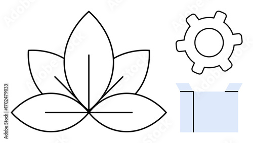Minimalist leaf outline symbolizes nature, gear represents process or technology, and open box suggests innovation. Ideal for ecology, technology, innovation, development, packaging, design flat