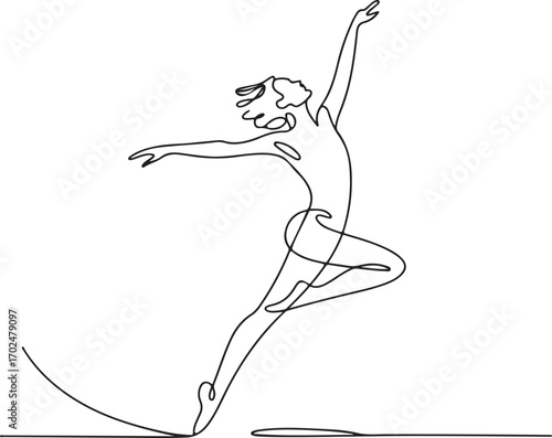 Continuous line art of dancer jumping, graceful single stroke minimal vector