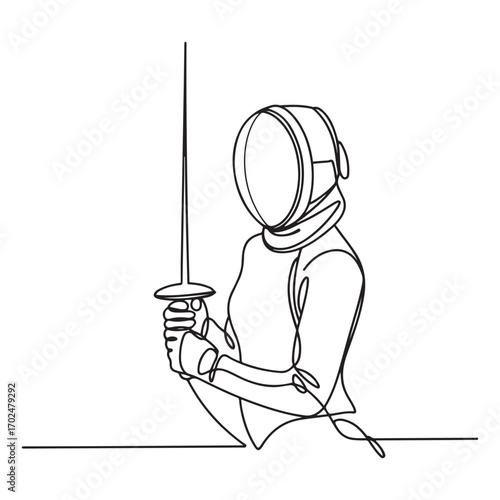Single continuous line Art drawing of young professional fencer athlete woman in fencing mask and rapier. with white background