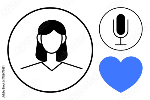 Female avatar portrait in circular frame, black microphone, blue heart. Ideal for communication, podcasting, user profile, voice technology, social connection, branding simple landing page