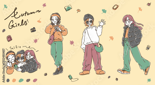 シンプルかわいい手書きの秋コーデ女子たちのイラスト素材