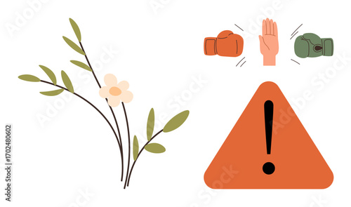 Hand stopping two boxing gloves, flower stem, warning sign. Ideal for peacekeeping, conflict negotiation, emotional calm, communication, balance mindfulness teamwork. Simple flat metaphor