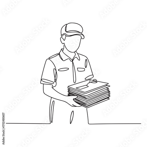 Single continuous line Art drawing of young postman holding envelopes to be sent to customer. Professional work job occupation. with white background