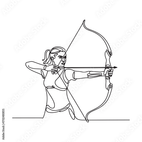 Single continuous line Art drawing of young professional archer woman focus aiming archery target. with white background
