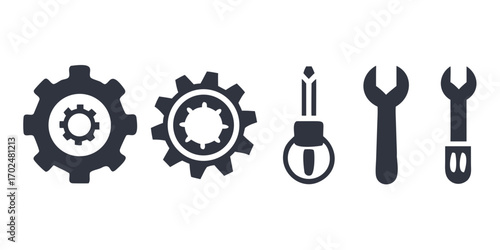 Tools and Service icons set. Wrench, screwdriver and gear icon. Screwdriver and wrench glyph icon. Settings and repair, service sign - stock vector.Gear and tools line icon set - minimal maintenance,
