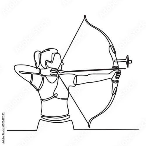 Single continuous line Art drawing of young professional archer woman focus aiming archery target. with white background