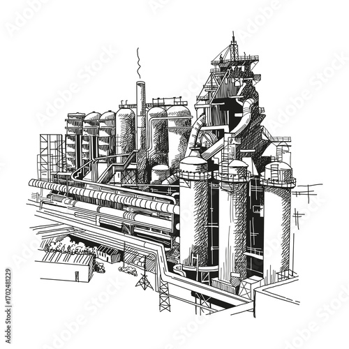 Polymer chemical plant. Polymer chemical plant. Production buildings and factory buildings, hand-drawn in sketch style.