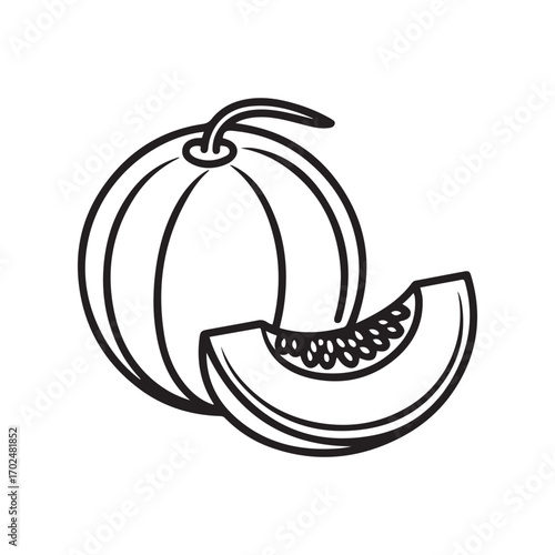 One single Black line Art drawing whole and sliced healthy organic melon for orchard logo identity. with white background