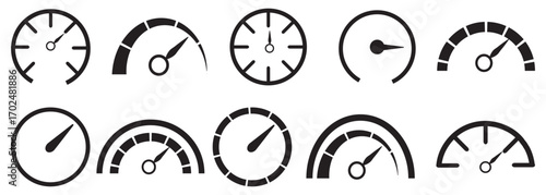 Scoring or Speed Gauges . Set of Eight Various Speedometer Designs Displaying. Speed gauge displaying performance level, star rating system, settings gear. 