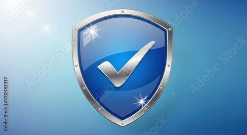 Shiny Blue Shield with Silver Checkmark, Security and Protection Concept.