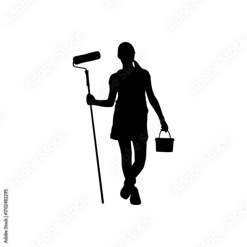 A strong, confident silhouette of a woman holding a paint roller and bucket, conveying a sense of preparation for a home improvement project.