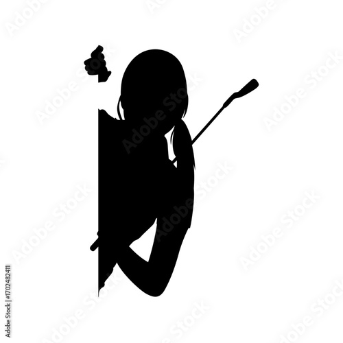 A bold, stylized silhouette of a female golfer, positioned to peek around a corner, holding a golf club.