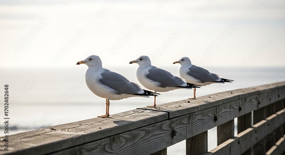 Obraz premium Three seagulls perched on a wooden pier railing overlooking the ocean at sunrise.