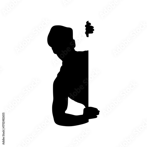 A dramatic silhouette of a person peering around a corner, suggesting curiosity, secrecy, or hidden observation.